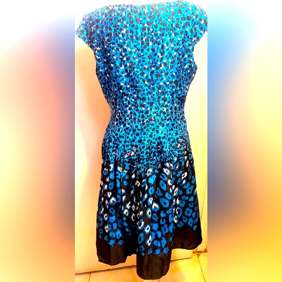 Kay Unger, Silk Blend Blue, BLK&White Leopard, Fit&Flare V-Neck Midi Dress SZ 10 - Picture 3 of 16